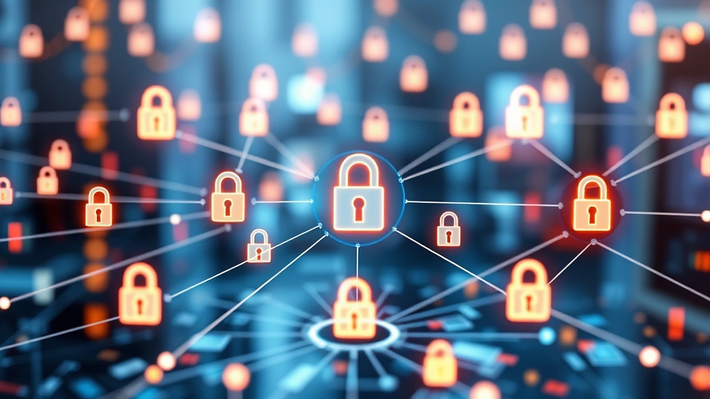 Network infrastructure visualization showing interconnected banking systems with security nodes, digital locks, and data flow protection in abstract technical environment