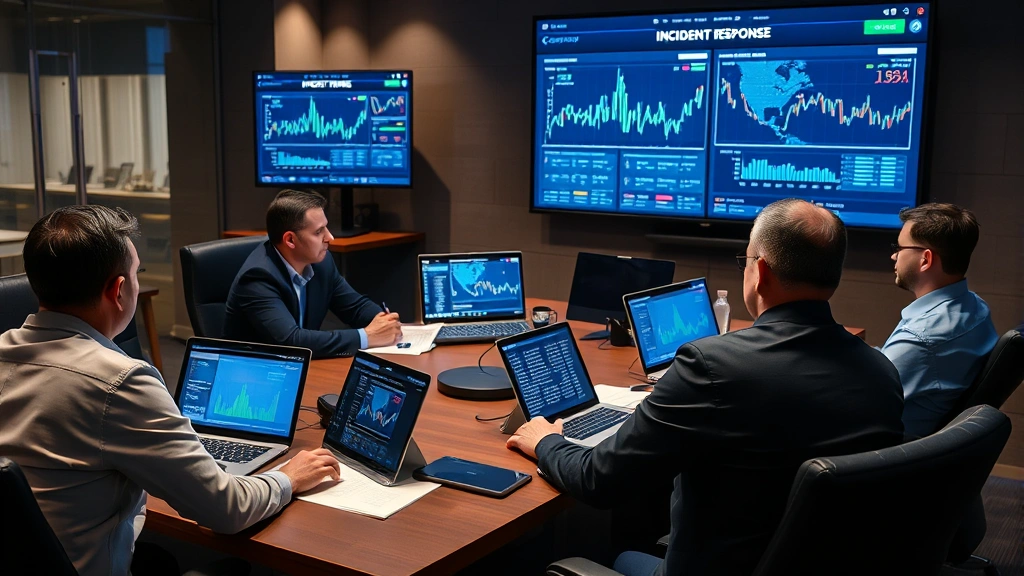 Security team conducting incident response meeting in conference room with security metrics displayed on screens, professional banking environment with serious focus