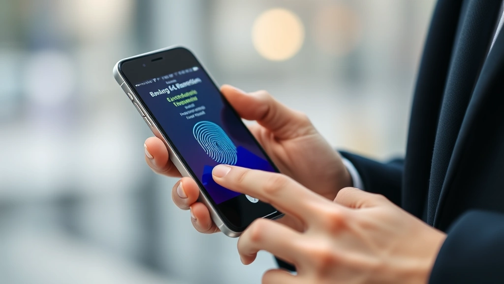 Person using smartphone with biometric fingerprint authentication for banking app access, showing modern mobile security features with encrypted connection status and security badges