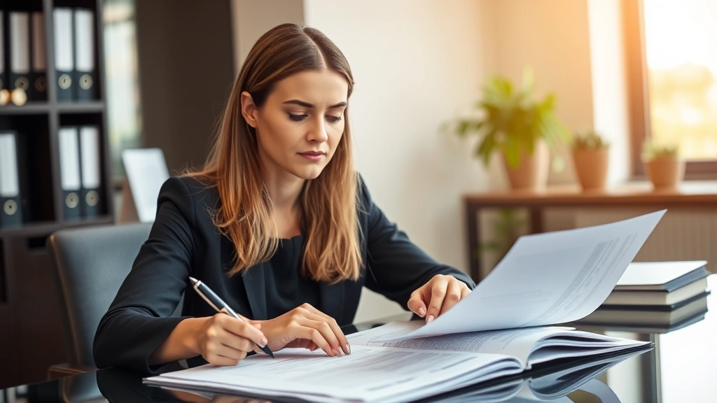 Professional female legal advisor reviewing documents at desk with pen, neutral office environment, focused expression, warm lighting, no visible text on papers
