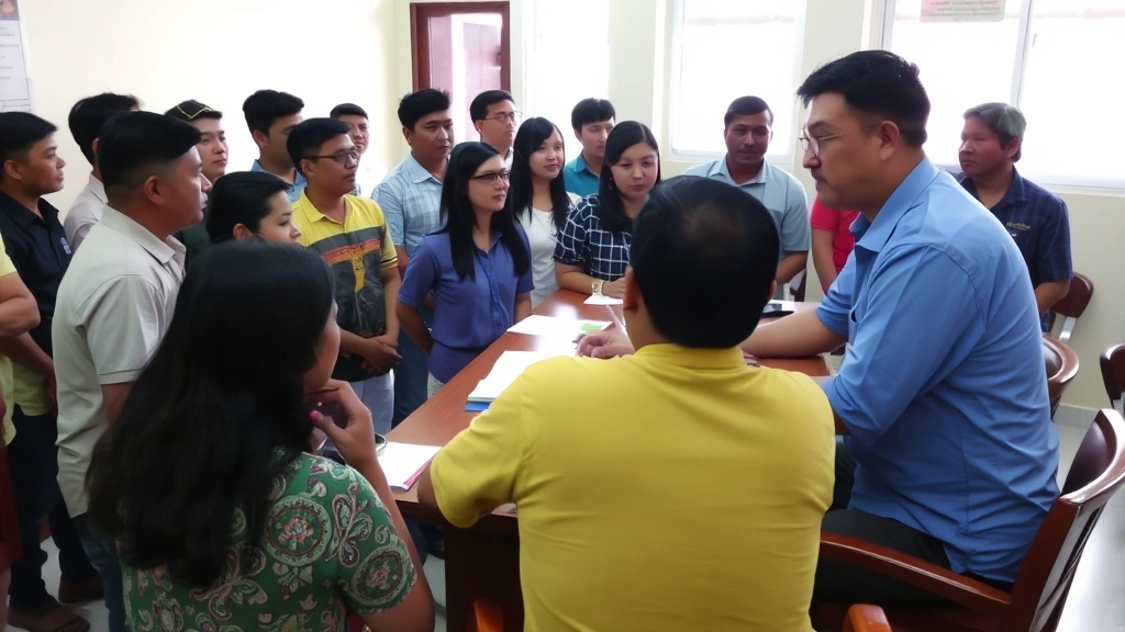 Community members in respectful discussion with barangay official at official desk, diverse group, professional setting, natural indoor lighting, no signage visible