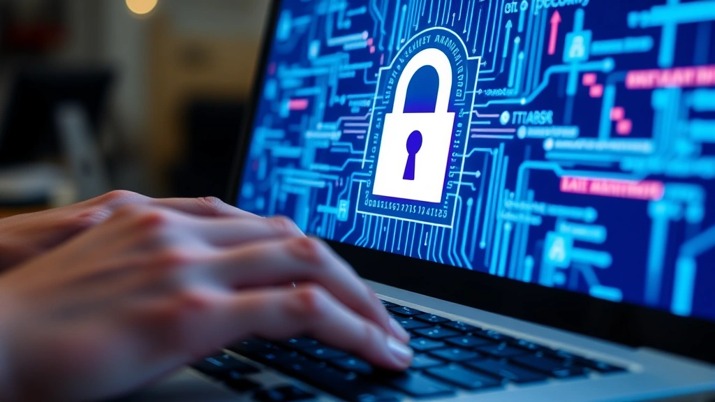 Close-up of hands typing on keyboard with digital security lock icons and encrypted data streams flowing across monitor screen, representing secure authentication and data protection in progress