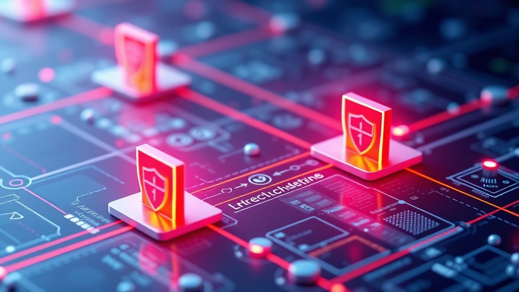 Network infrastructure diagram visualization showing interconnected nodes with protective shield barriers, firewalls blocking malicious traffic, and secure encrypted tunnels between systems in abstract digital environment