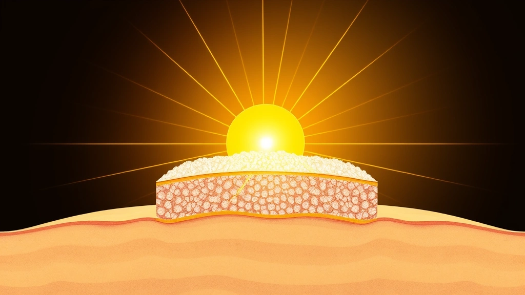 Cross-section diagram visualization showing UV rays being blocked by mineral sunscreen particles on skin surface, depicting physical protection mechanism with golden light rays