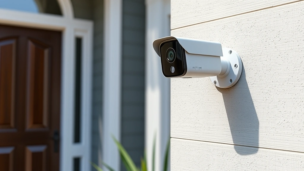Photorealistic image of a professional outdoor motion-sensor security device mounted on a residential home exterior wall near an entry door, showing weatherproof construction and sensor lens, mounted at proper height with landscaping visible below, clear daylight conditions