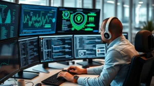 Professional cybersecurity analyst reviewing network security protocols on multiple monitors in a modern office setting, representing digital threat assessment and protection systems