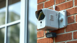 Photorealistic barking dog alarm device mounted on brick wall exterior, motion sensor visible, professional installation, daylight, no text or code visible