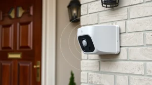 Professional barking dog alarm device with motion sensor mounted on residential exterior wall near front entrance, weatherproof housing, clear detection zone, photorealistic detail