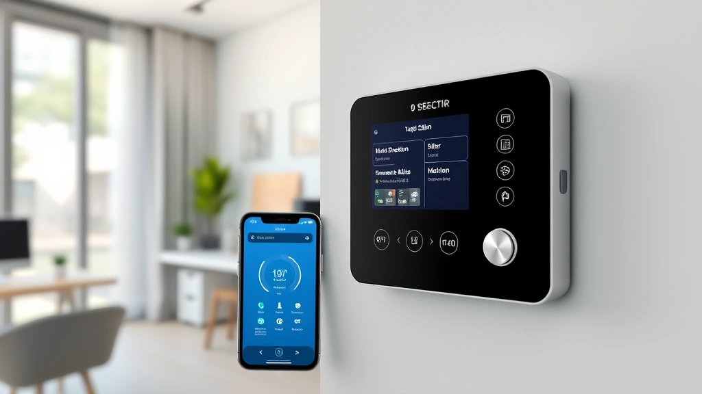 Photorealistic image of a modern smart home security control panel displaying motion detection alerts and system status, with smartphone nearby showing security app interface, minimalist home office setting with security equipment integration visible