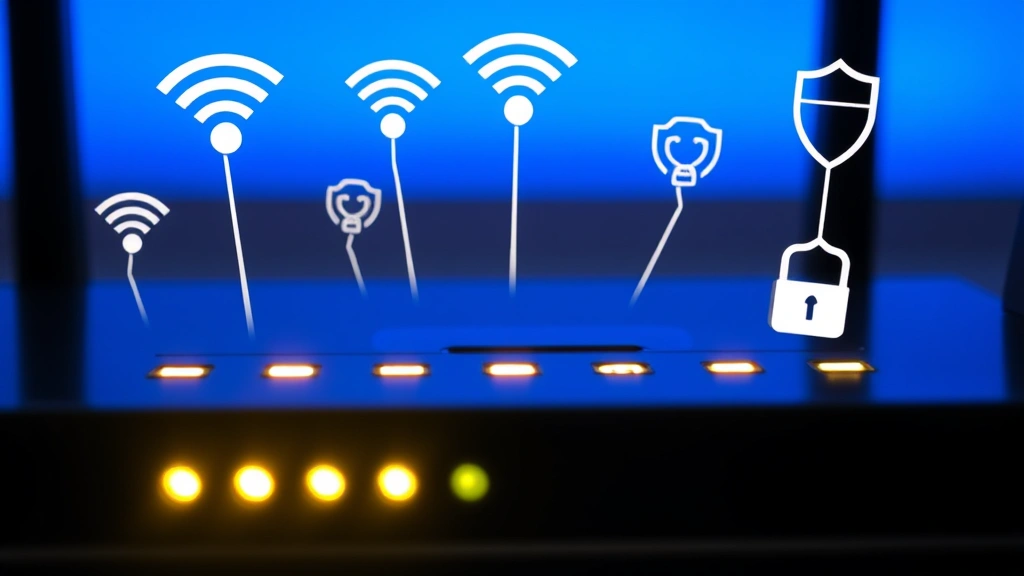 Close-up of a router with LED indicators glowing, surrounded by wireless signal icons and security shield symbols, depicting home network infrastructure and connected device management