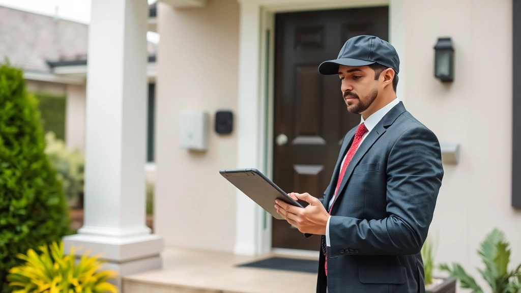 Security expert holding digital tablet conducting property vulnerability assessment at residential entrance, evaluating placement positions for barking dog alarm units, professional attire