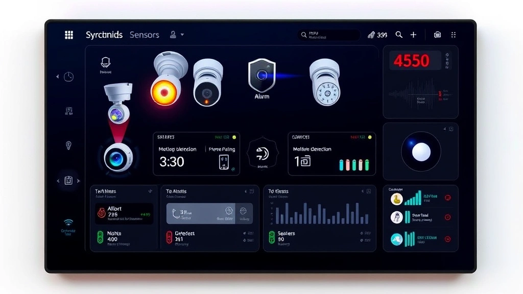 Professional security system control panel displaying multiple sensors, motion detection status, alarm indicators, monitoring dashboard interface, clean modern design