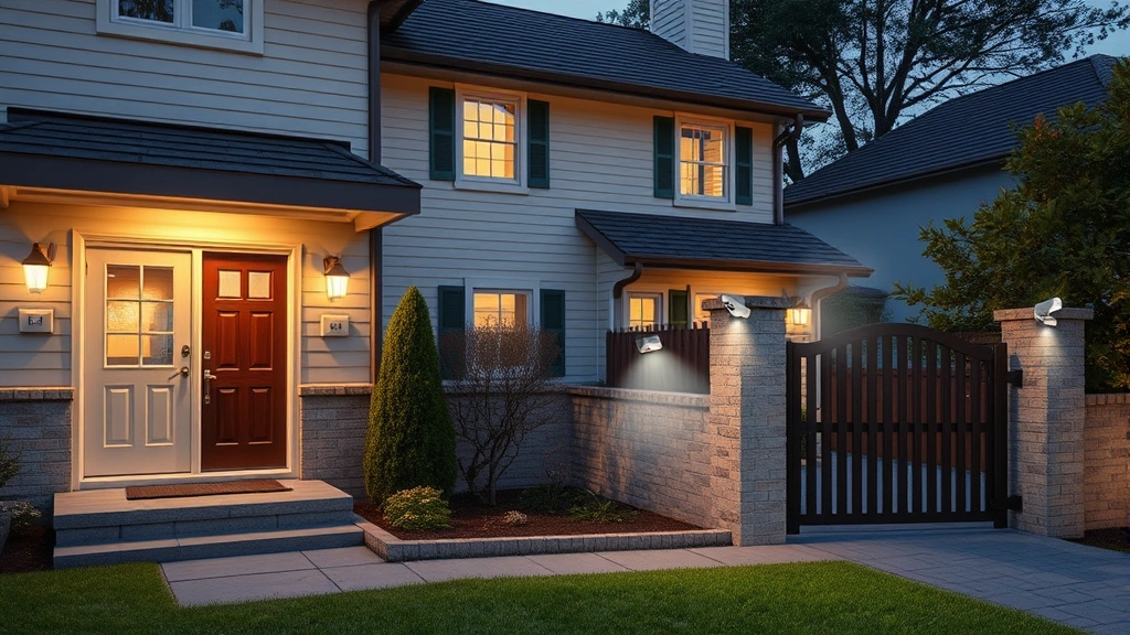 Photorealistic image of a residential property perimeter with strategic security device placements visible at multiple entry points including front door, side window, and back gate area, showing layered security coverage with supplementary lighting and camera positions indicated by mounting brackets