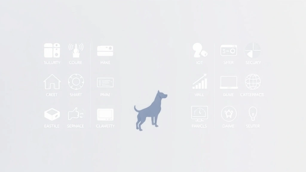 Modern smart home control panel displaying various connected device icons including security systems, with a subtle dog silhouette among technology symbols, representing integrated IoT ecosystems