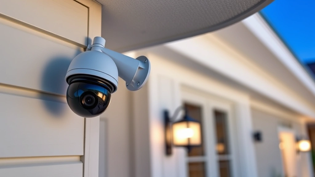 Home security camera mounted on exterior corner with motion sensor, night vision capability visible, overlooking property entrance, professional installation quality
