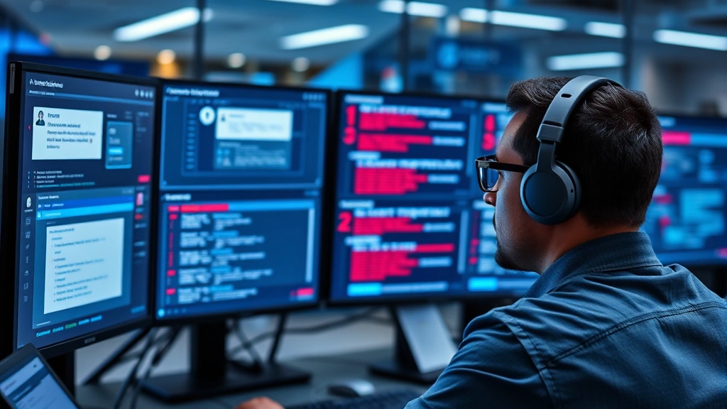 Professional cybersecurity analyst monitoring email security dashboard with multiple threat detection alerts displayed on high-resolution monitors in modern SOC environment, blue and red threat indicators visible