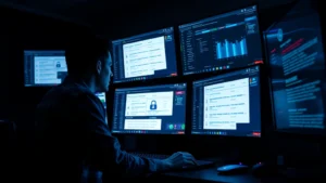 Cybersecurity analyst monitoring multiple email threat detection dashboards with real-time alerts displaying on screens, dark modern office environment with blue security indicator lights glowing