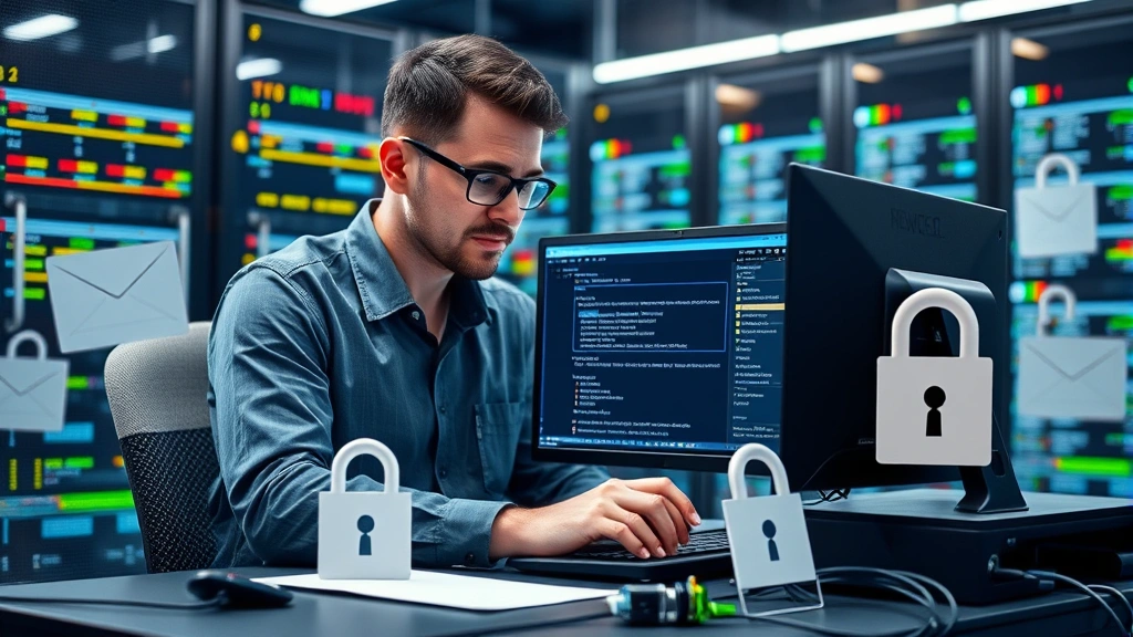Network administrator configuring email security policies on a workstation surrounded by security certificates and authentication tokens, professional IT operations center background with security infrastructure visible