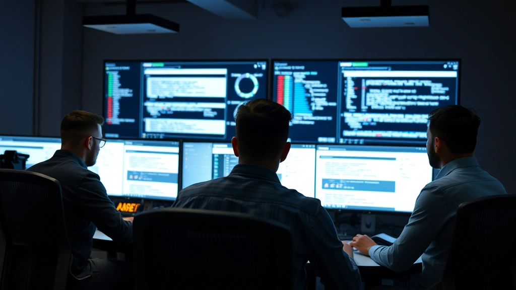 Enterprise security team reviewing incident response procedures during email breach investigation, multiple team members at workstations analyzing suspicious email patterns and threat actor infrastructure, serious professional atmosphere