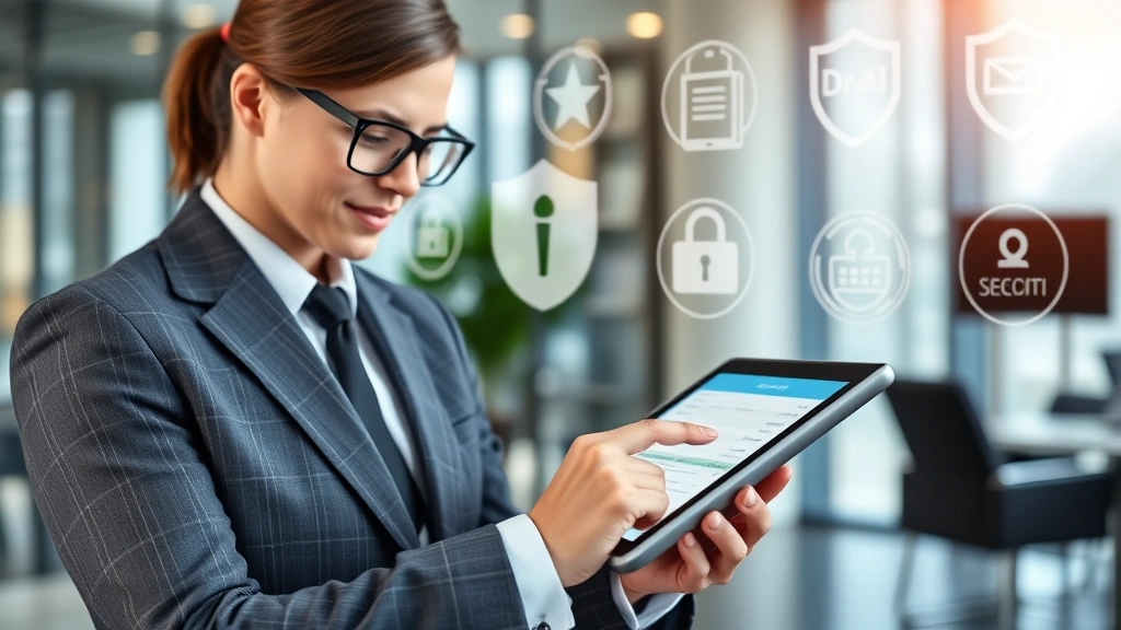 Business professional reviewing email security audit logs and compliance reports on a tablet device, modern corporate office setting with data protection symbols and security badges visible in background