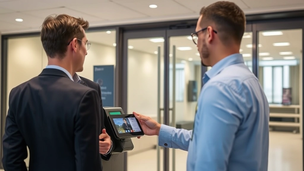 Professional security checkpoint with personnel scanning identification badge on digital reader, modern office building entrance with glass doors, neutral lighting, no visible text or codes