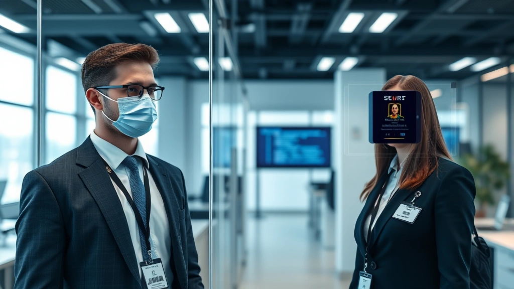 Secure personnel verification system displaying authentication layers, professional office environment showing security badges and identification scanning technology, clean modern aesthetics, no terminal windows or code visible