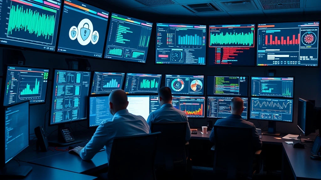 Modern cybersecurity operations center with security professionals monitoring systems, multiple displays showing security dashboards and threat intelligence data, professional workspace, no visible code or alert messages
