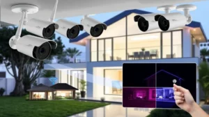 Modern home security system with multiple camera angles covering residential property, professional installation setup, wireless connectivity indicators, nighttime monitoring visualization with infrared capability demonstration