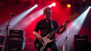 Professional bassist performing on stage with bass guitar and amplifier in concert venue lighting, focused on equipment and musician