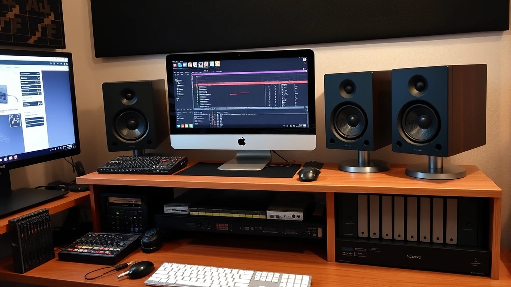 Home music studio setup showing computer workstation, audio interface, studio monitors, and external hard drives organized on desk