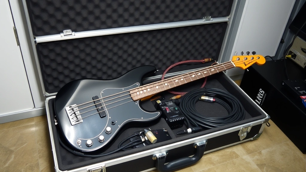 Padlocked flight case containing bass guitar and amplification cables in secure storage facility, emphasizing equipment protection