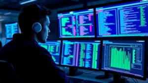 Cybersecurity professional monitoring network traffic on multiple high-resolution displays in a modern security operations center, blue and green data visualization dashboards, professional office setting, focused expression