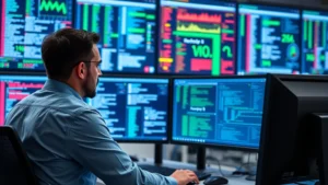 Cybersecurity expert monitoring multiple screens showing network traffic visualization and threat alerts in a modern security operations center, blue and green data streams flowing across displays, professional security analyst at workstation