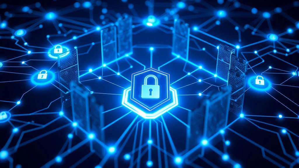 Digital fortress concept with interconnected security nodes forming protective barrier around central data core, glowing blue network connections with padlock symbols, abstract cybersecurity infrastructure visualization