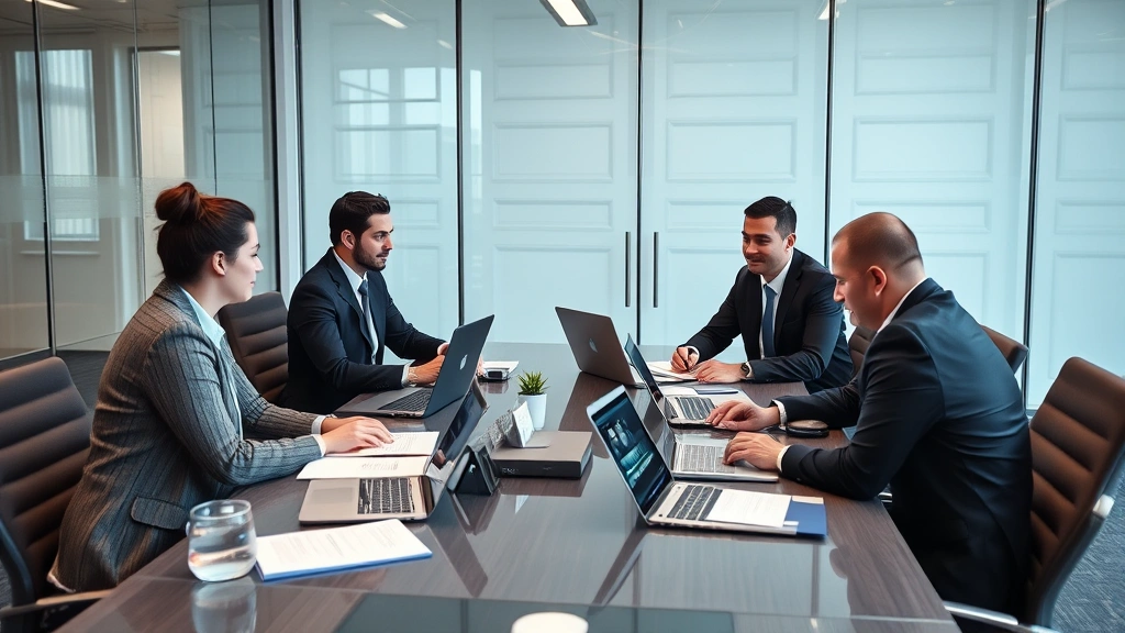 Security team conducting access control review meeting around conference table with laptops and security documentation, professional corporate environment, focused on data protection and compliance
