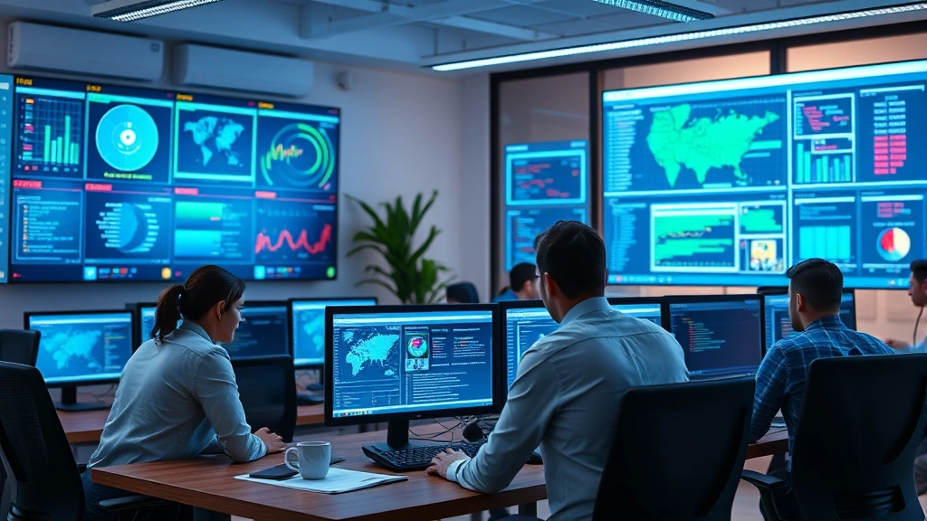 Incident response team collaborating in modern office environment with security dashboards visible on large displays, professionals reviewing forensic data and threat analysis, calm focused atmosphere during active security monitoring