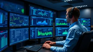 Professional cybersecurity analyst monitoring multiple screens displaying network traffic visualization and threat intelligence dashboards in a modern security operations center with blue and green data visualizations