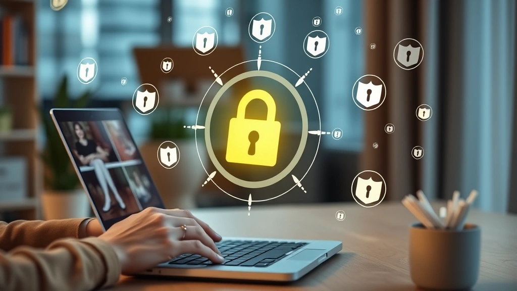 Person shopping securely on laptop with padlock icon and shield symbols floating around the screen, representing cybersecurity protection during online shopping, modern home office setting with soft lighting