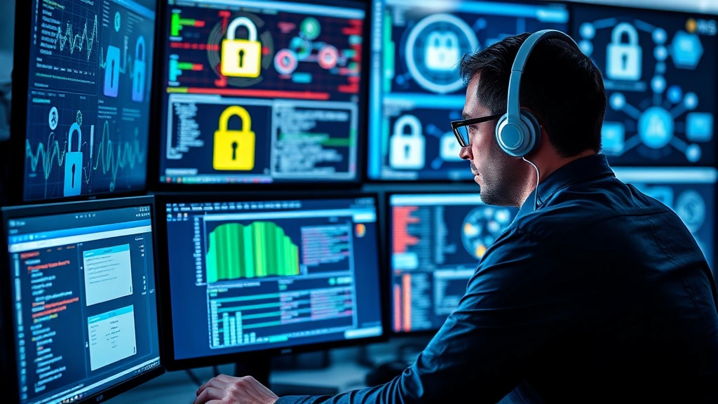 Cybersecurity professional analyzing data on multiple monitors with encryption visualizations, digital lock symbols, and network security diagrams in background, representing threat detection and prevention