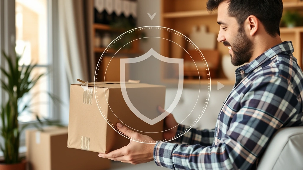 Consumer receiving package at home with security checkmark overlay, safe shopping environment, package inspection with verification elements visible, trust and confidence in online retail process