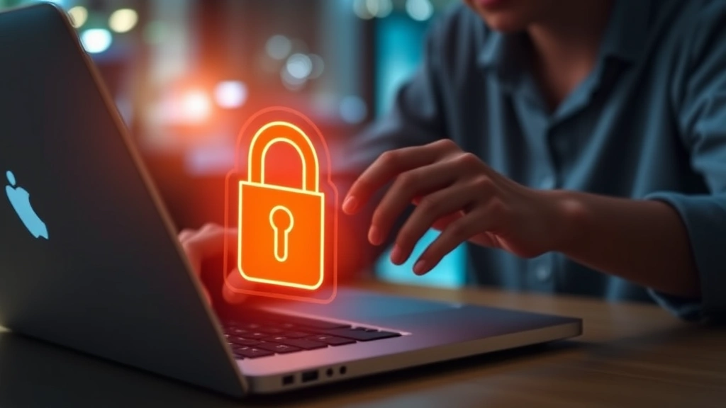 Person shopping on laptop with secure padlock icon glowing in foreground, cybersecurity shield protecting transaction data, realistic digital security visualization