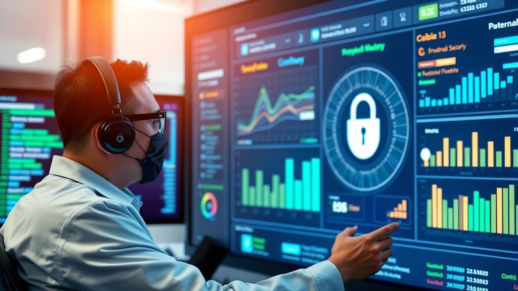 Cybersecurity analyst reviewing payment security dashboard with encryption protocols, monitoring fraud detection systems, protecting customer financial data