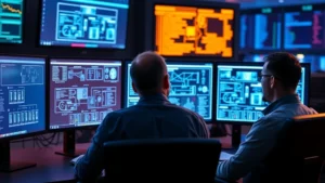 Cybersecurity analyst reviewing network security architecture diagrams on multiple monitors in modern security operations center, blue and amber lighting, professional environment