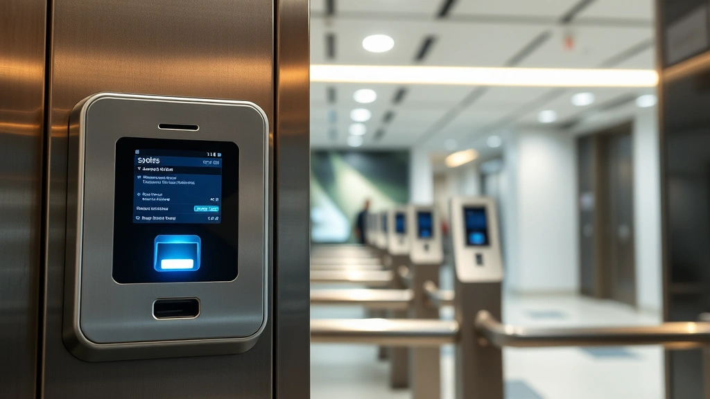 Biometric access control system with fingerprint scanner and digital display, modern security checkpoint with professional lighting, no visible text or codes