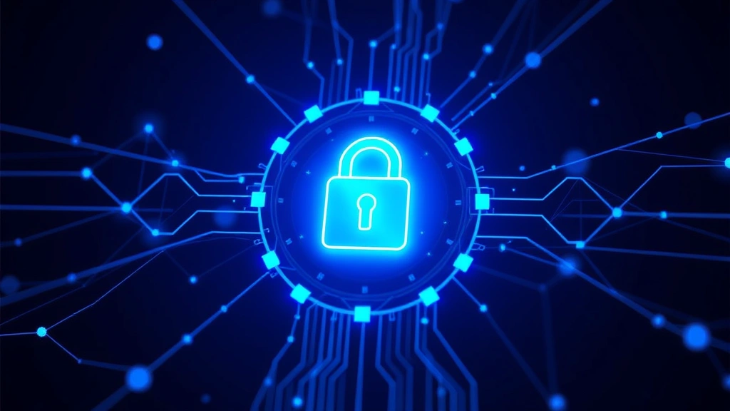 Digital padlock icon glowing with blue light surrounded by interconnected nodes and data streams, representing data encryption and network security, dark background with technology aesthetic