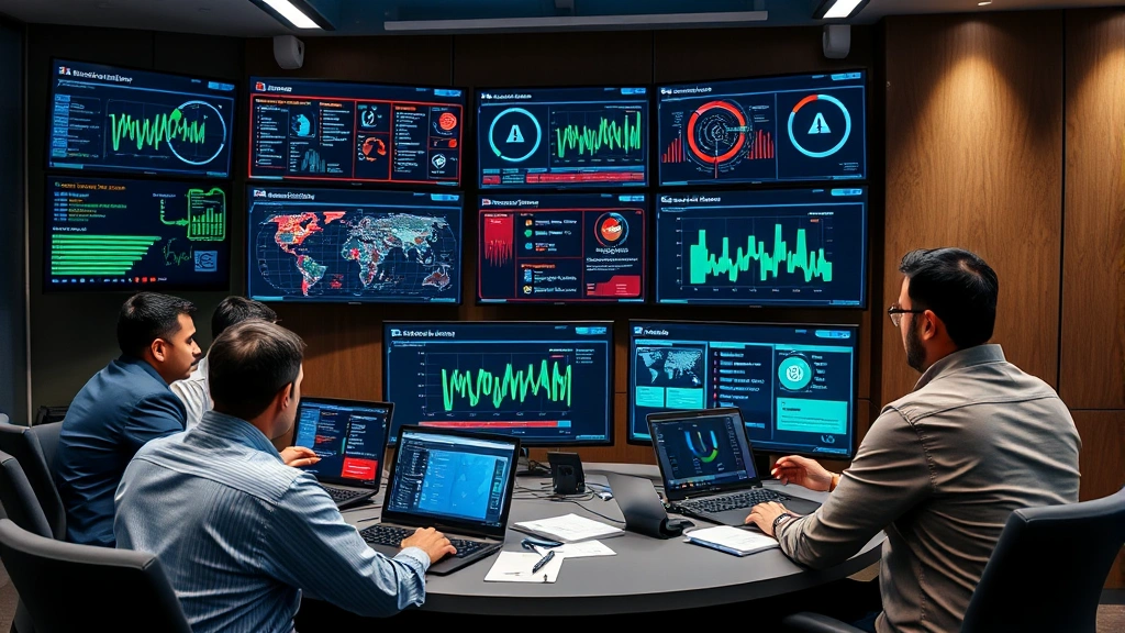 Team of security experts in a conference room conducting incident response simulation, reviewing digital dashboards and threat intelligence reports on large displays, collaborative security planning environment