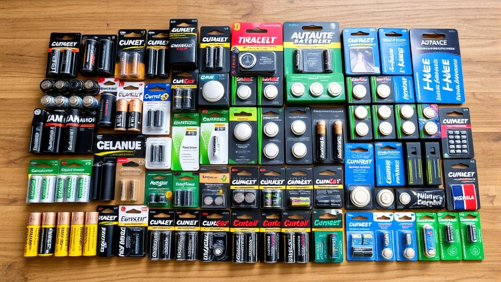 Wide variety of premium batteries displayed on wooden surface—AA, AAA, and coin-cell batteries from major brands arranged in organized rows, natural lighting highlighting product quality and branding