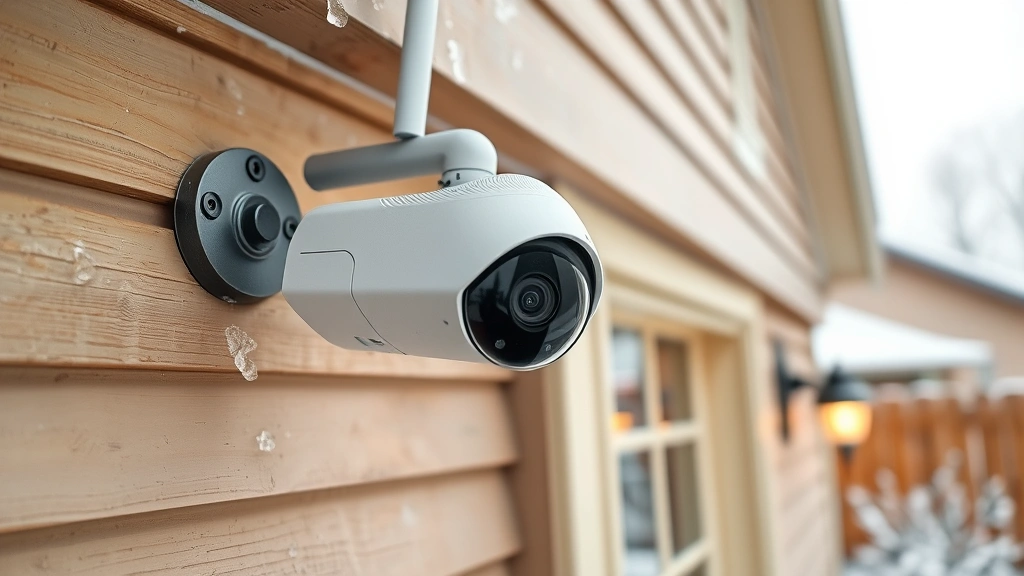 Outdoor wireless security camera mounted on home exterior during winter conditions with frost visible, showing rugged construction and weather protection, battery compartment detail, overcast snowy day lighting