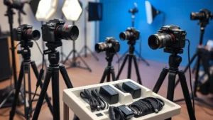 Professional photography studio showing multiple Sony Cyber-shot cameras on tripods with authentic battery chargers displayed in organized charging station, cables neatly arranged, professional lighting equipment visible in background