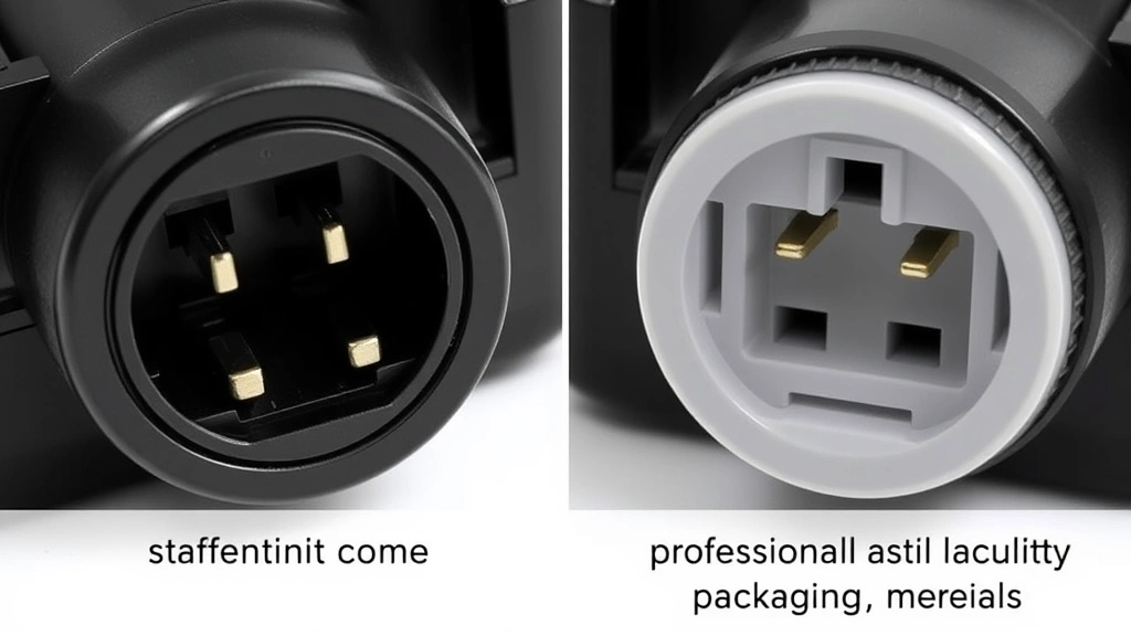 Close-up detailed comparison of authentic versus counterfeit battery charger connectors and casing, showing quality differences in construction, connector pin precision, and professional packaging materials